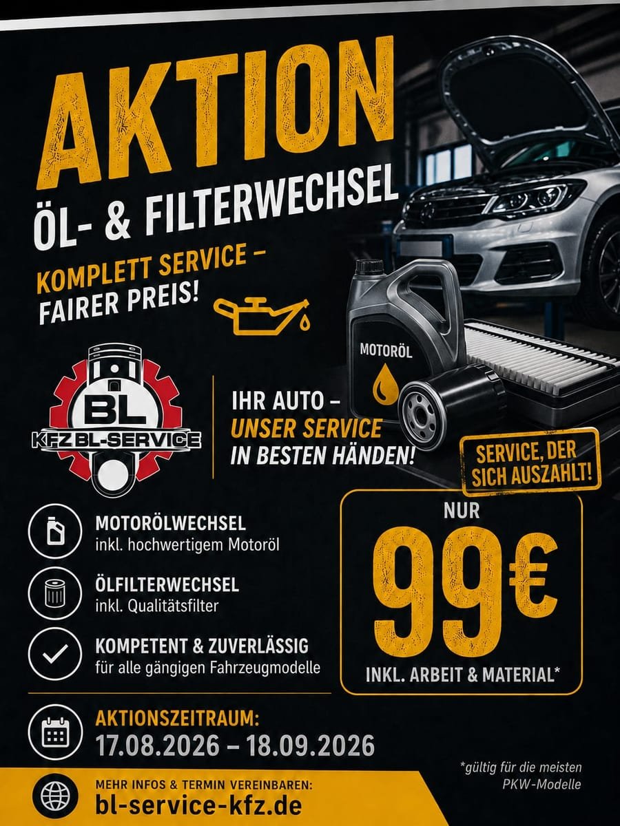 Aktion Öl- und Filterwechsel Komplettservice für 99 Euro inkl. Arbeit und Material, gültig bis 18.09.2026
